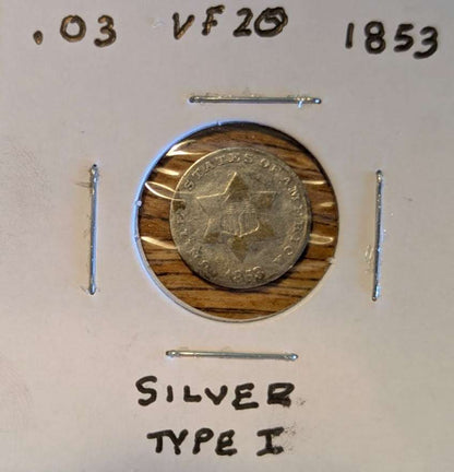 1853 Star and Shield three cent silver coin, Very Fine condition, obverse star design visible.