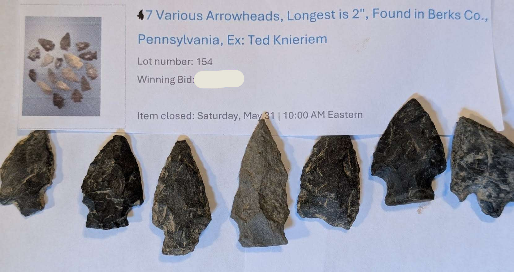 Set of 7 Native American arrowheads from Berks County, PA, longest 2 inches, ex: Ted Knieriem Collection.