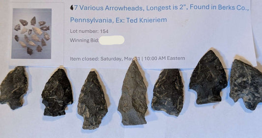 Set of 7 Native American arrowheads from Berks County, PA, longest 2 inches, ex: Ted Knieriem Collection.