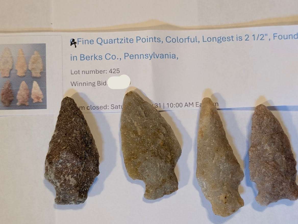 Set of 4 colorful quartzite arrowheads from Berks County, Pennsylvania, showing detailed flaking and weathered edges, longest 2.5 inches.