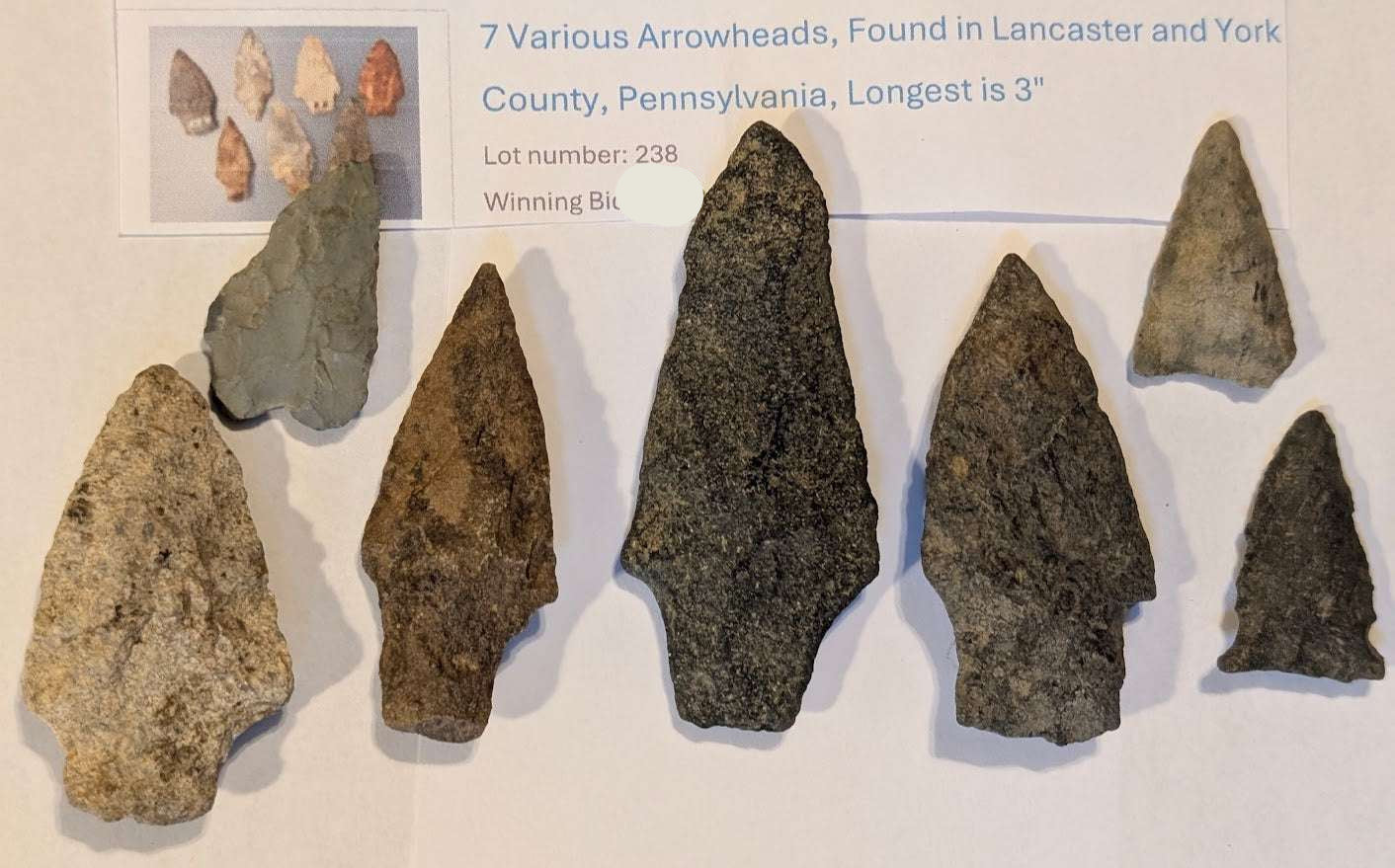 Set of seven authentic Native American arrowheads up to 3 inches from Lancaster and York Counties, Pennsylvania, featuring various styles and local stone materials.