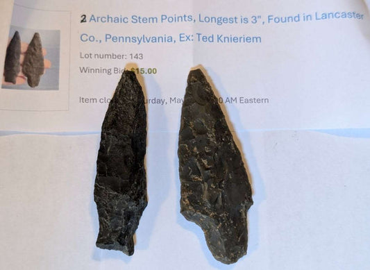 Pair of black chert Archaic stemmed points from Lancaster County, Pennsylvania, largest measuring 3 inches.