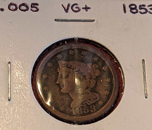 1853 Braided Hair Half Cent vintage coin with intricate braided hair design and stars around the edge