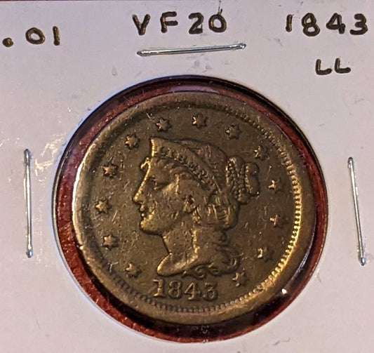 1843 Braided Hair Large Cent coin graded Very Fine showing detailed braid design and large letters