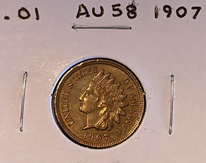 1907 Indian Head Cent copper coin featuring Liberty with Native American headdress United States of America design