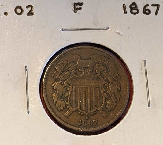 1867 Three-Cent Piece nickel coin in fine condition with shield design and date visible