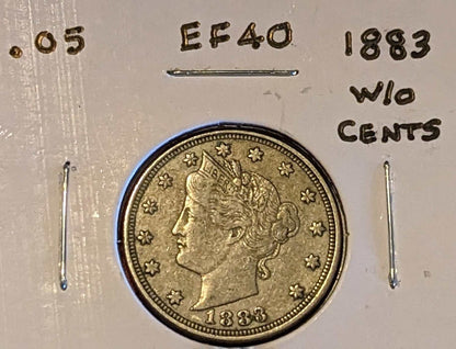1883 Liberty Head Nickel coin without cents in EF40 condition showing Liberty profile and stars