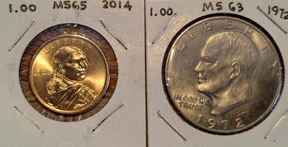 2014 Sacagawea $1 & 1972 Eisenhower $1 – MINT Pair