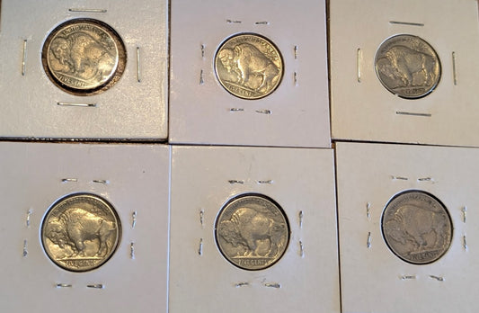 Buffalo Nickel Set 1927–1938 six coins in cardboard flips showing bison design and varying wear grades