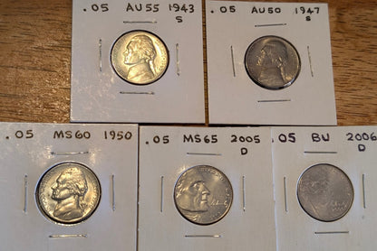 Jefferson Nickel mini-set showcasing coins from 1943 to 2006 with varying compositions and designs