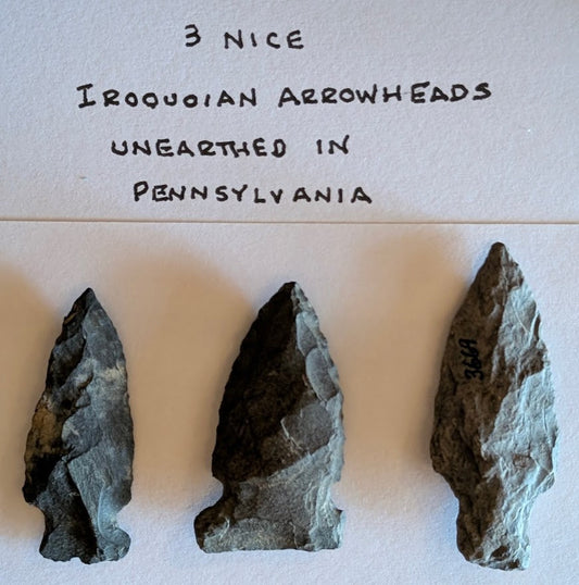 Three hand-flaked Iroquoian arrowheads unearthed in Pennsylvania from Woodland era