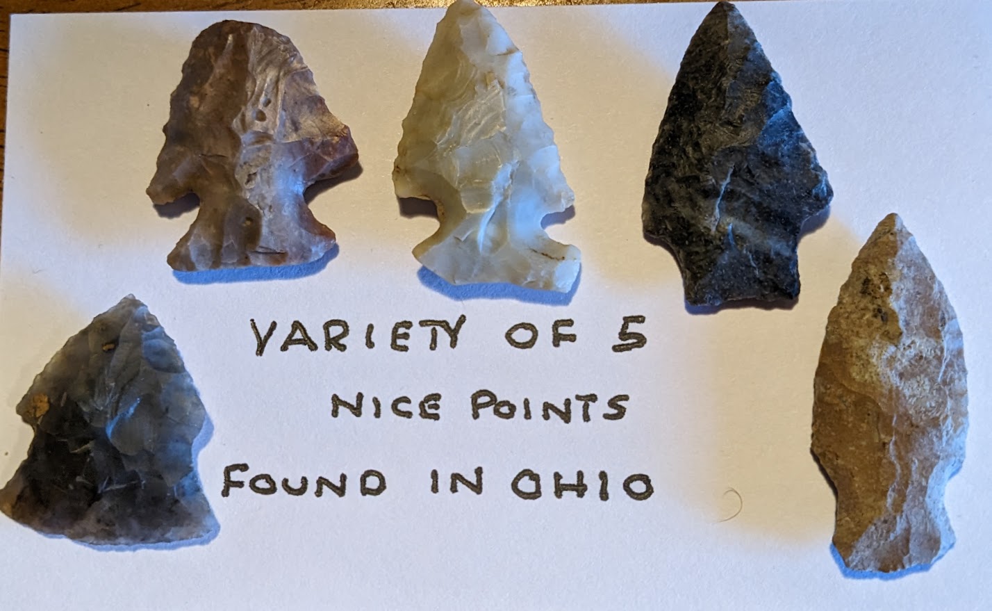 Lot of 5 authentic Native American arrowheads from Ohio, mixed chert types, various shapes and natural aging