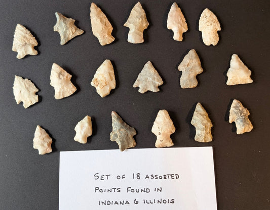 Set of 18 authentic Native American arrowheads from Indiana and Illinois with mixed styles and natural patina