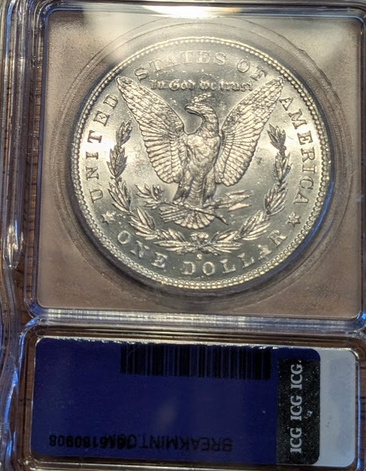 1881-S Morgan Silver Dollar MS63 coin in protective case showing eagle reverse design