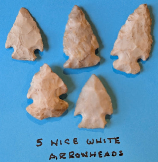 Set of 5 authentic white flint arrowheads with notched bases from Midwestern U.S. for collection or display