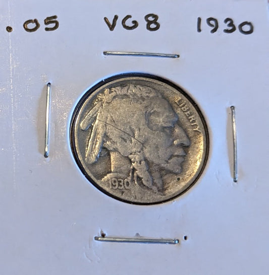 1930 Buffalo Nickel coin in VG8 condition showing Native American profile