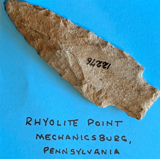 Mechanicsburg Pennsylvania rhyolite projectile point Archaic Native American dart point with bifacial flaking and natural patina