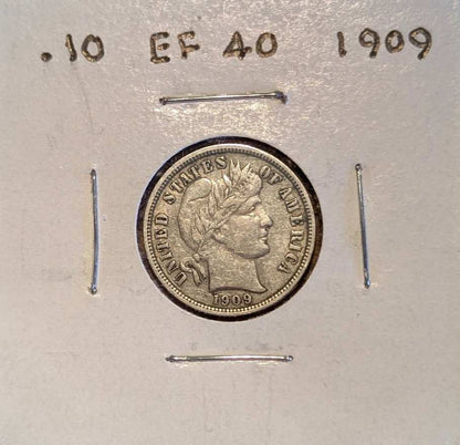 1909 Barber Dime EF-40 grade silver coin with Liberty Head and wreath design