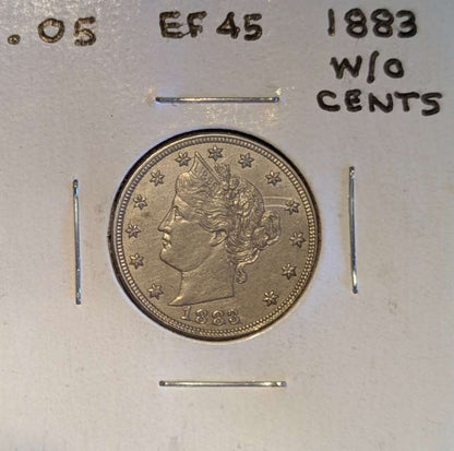 1883 Liberty Head Nickel No CENTS EF-45 grade coin with clear details and protective holder