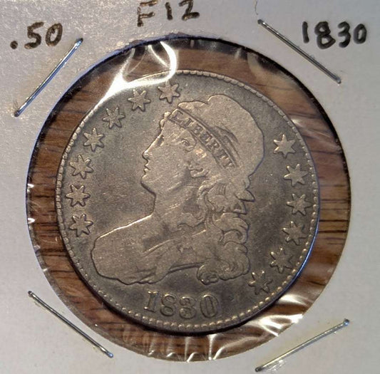 1830 Capped Bust Half Dollar silver coin fine condition Liberty cloth cap obverse heraldic eagle reverse