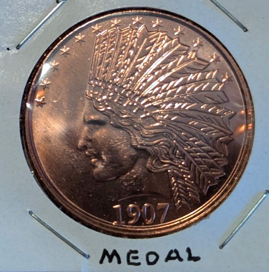 1907 Indian Head $2.50 Quarter Eagle copper medal with incuse design in .999 fine copper