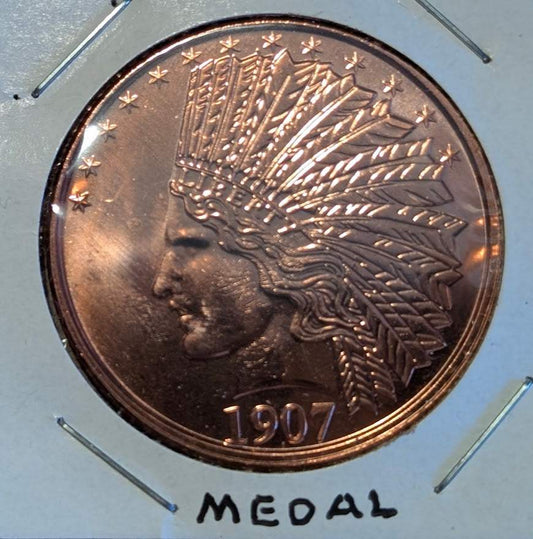 1907 Indian Head $2.50 Quarter Eagle copper medal with incuse design in .999 fine copper