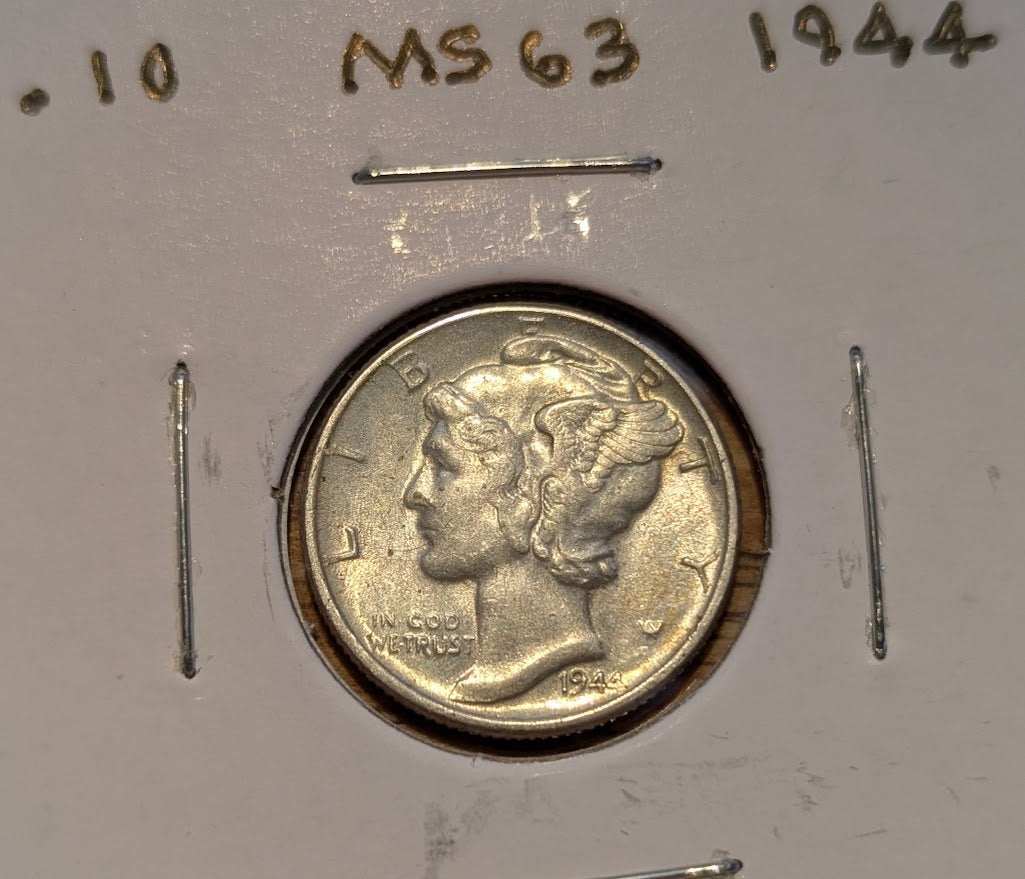 1944 Mercury Dime MS-63 Mint State silver coin with Winged Liberty Head design and original luster