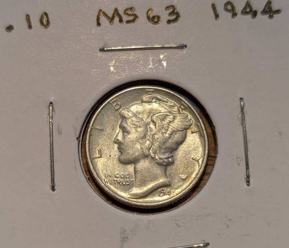 1944 Mercury Dime MS-63 Mint State silver coin with Winged Liberty Head design and original luster