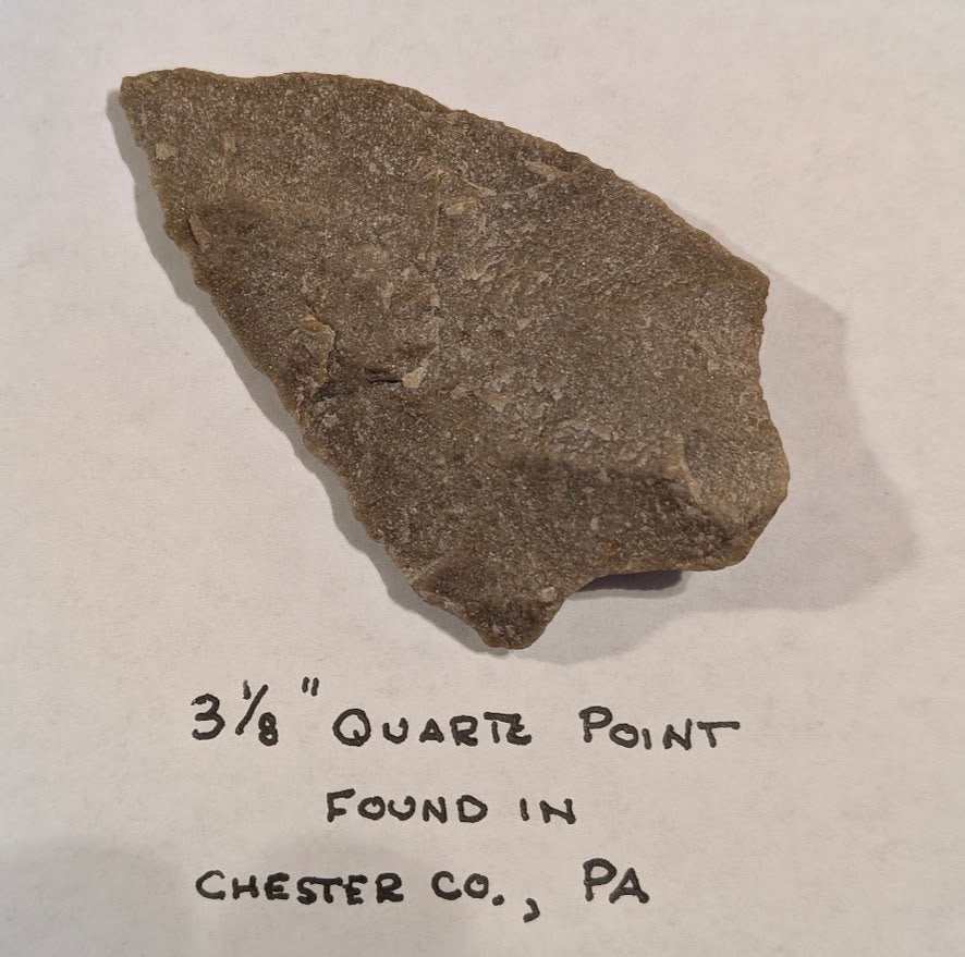 3⅛ inch quartz projectile point with percussion flaking from Chester County, Pennsylvania