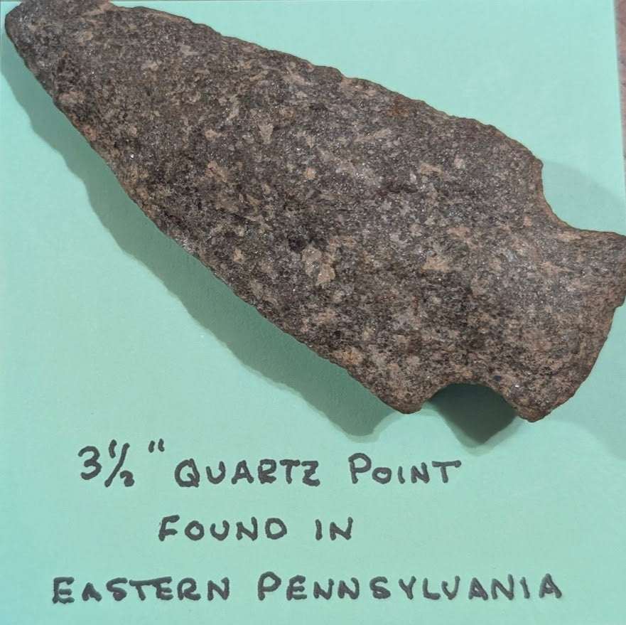 3½ inch quartz projectile point hand-knapped with broad triangular blade found in Eastern Pennsylvania