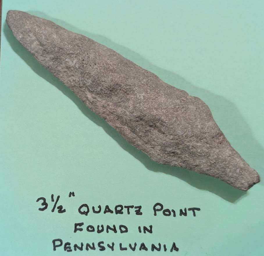 3½ inch quartz projectile point hand-knapped Native American artifact Pennsylvania
