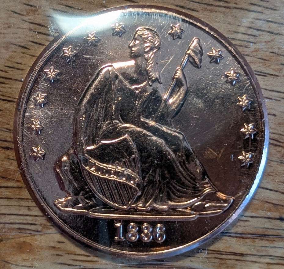 1886 Seated Liberty Dollar – Copper Novelty / Fantasy Strike – "Copy" Marked