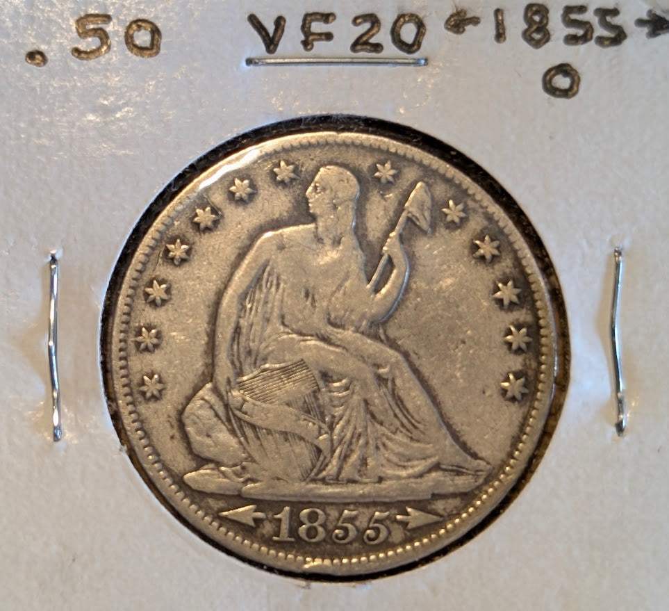 1855-O Seated Liberty Half Dollar VF20 from New Orleans Mint with original mintmark and visible date