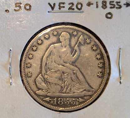 1855-O Seated Liberty Half Dollar VF20 from New Orleans Mint with original mintmark and visible date