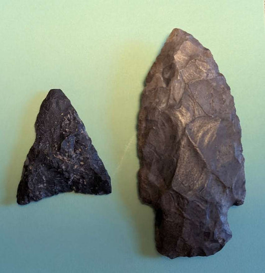 Two authentic Native American stone arrowheads with hand-knapped flaking from Pennsylvania