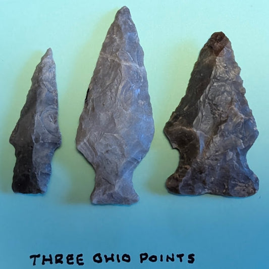 Three Ohio Native American projectile points made of chert flint with bifacial knapping from prehistoric Eastern Woodlands