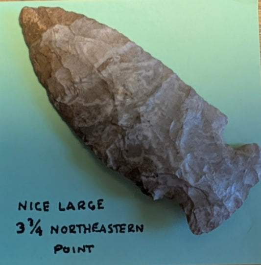 Large Northeastern Native American Projectile Point made of chert with bifacial flaking and stemmed base, 3¾ inches long, prehistoric stone tool from Eastern Woodlands