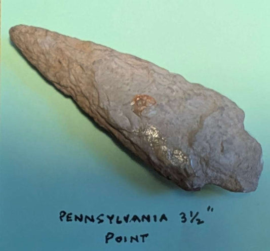 Pennsylvania Native American projectile point made of chert with bifacial flaking, 3½ inches long