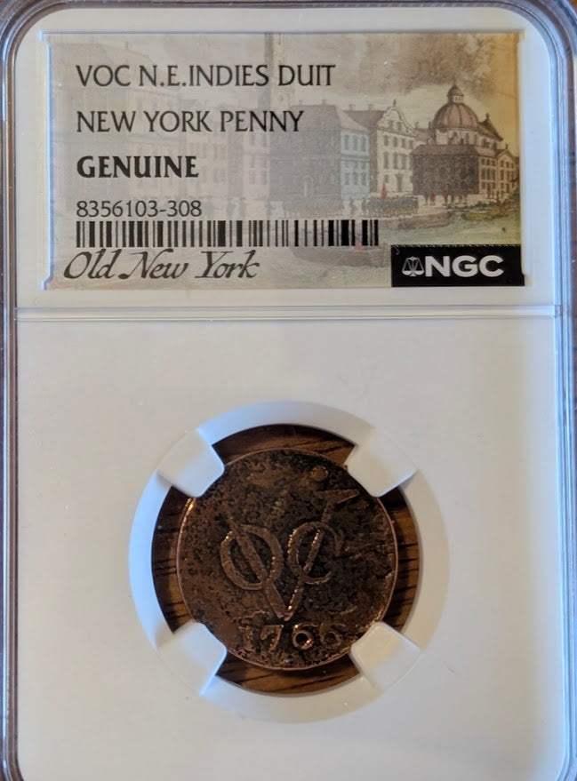 1760 VOC N.E. Indies Duit copper coin with Dutch East India Company monogram, crowned lion, and 1760 date, colonial New York trade currency authenticated by NGC