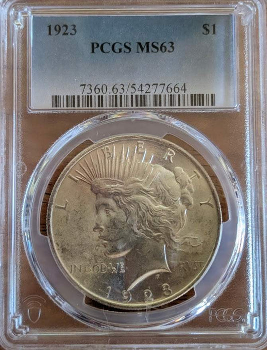 1923 Peace Silver Dollar MS63 PCGS certified U.S. silver coin with Liberty and eagle design