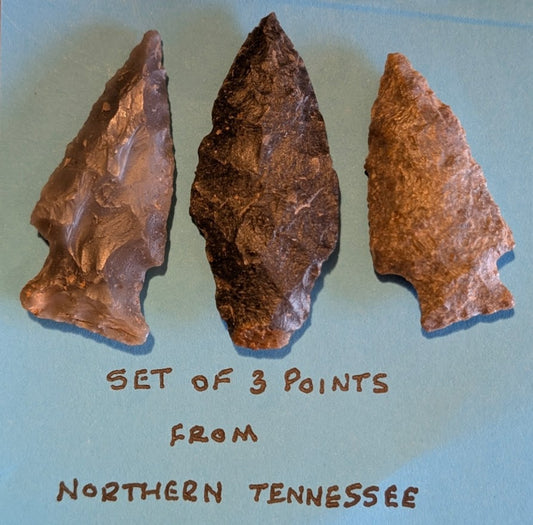 Set of 3 authentic Native American arrowheads from Northern Tennessee made of chert with varied shapes and wear