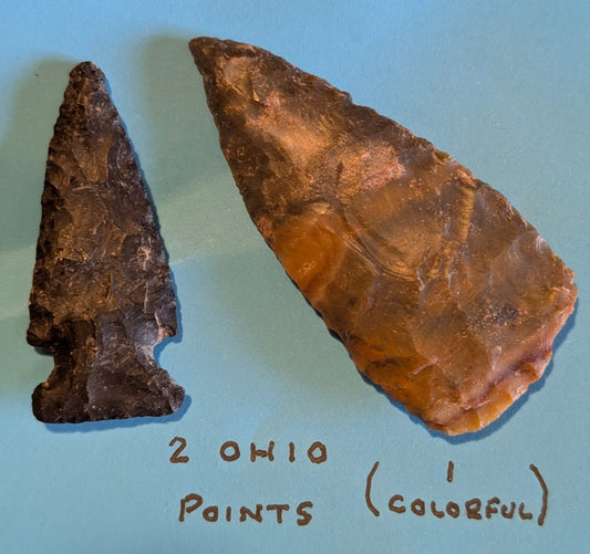 Pair of authentic Ohio Flint Arrowheads with dark chert point and colorful translucent flint blade, Native American artifacts