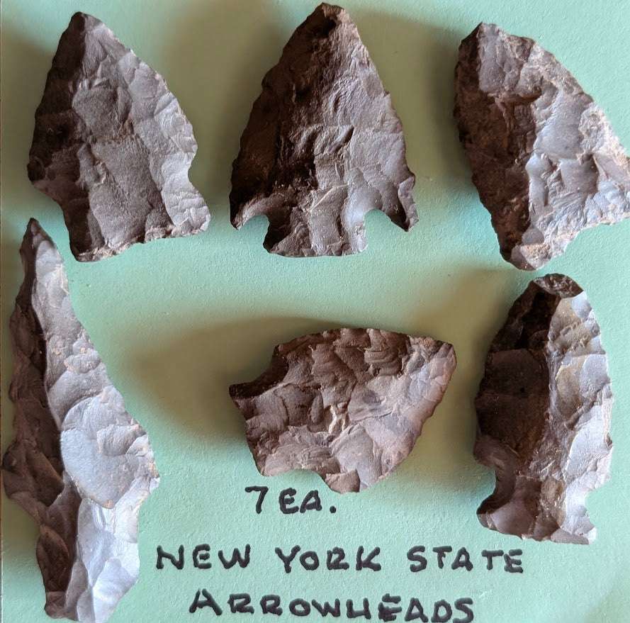 Lot of 7 authentic Native American arrowheads from New York State in mixed chert forms and sizes