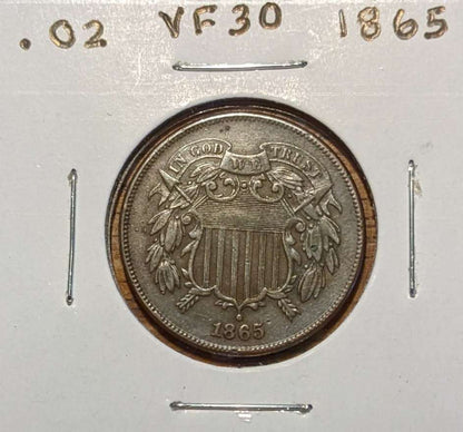 1865 Two Cent Piece Civil War era U.S. coin with "In God We Trust" motto and shield design in Very Fine condition