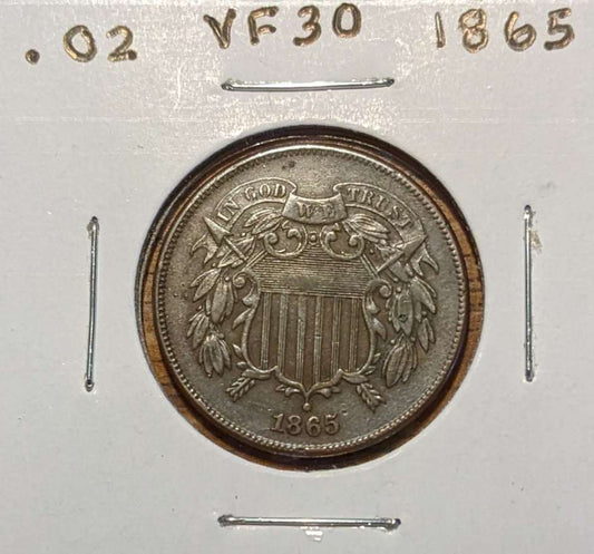 1865 Two Cent Piece Civil War era U.S. coin with "In God We Trust" motto and shield design in Very Fine condition