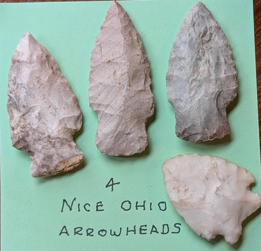 Set of 4 authentic Ohio flint arrowheads with natural patina and varied forms, Native American artifacts