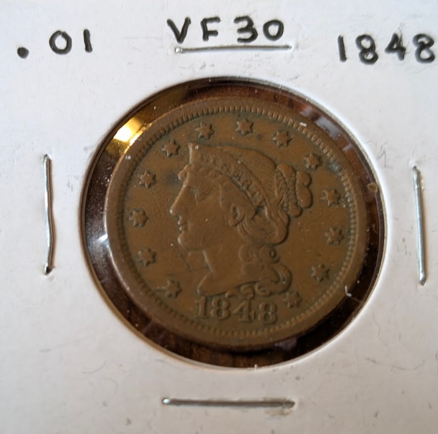 1848 Braided Hair Large Cent copper coin with very fine detail and original brown patina