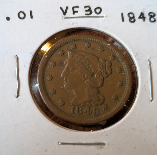 1848 Braided Hair Large Cent copper coin with very fine details and original surfaces