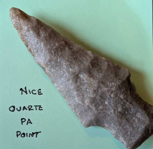 Authentic PA quartz point Native American artifact with crystalline texture and tapered blade found in Pennsylvania
