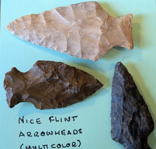 Lot of 3 authentic Native American flint and chert arrowheads with varied colors and distinct flaking patterns
